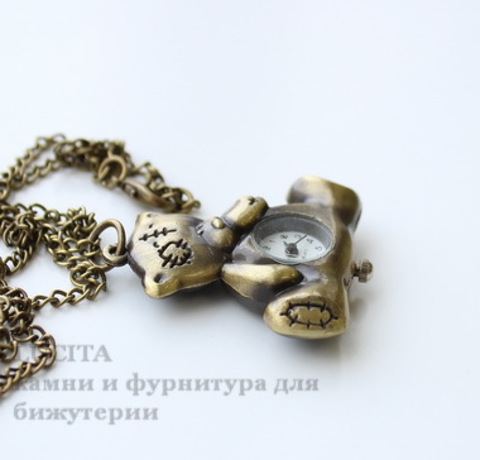Часы на цепочке "Мишка Тедди" (цвет - античная бронза) 40х36х9 мм ()