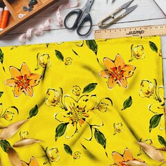 Ткань атлас жёлтые оранжевые цветы