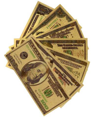 Комплект из 7 сувенирных цветных позолоченных банкнот США (1, 2, 5, 10, 20, 50, 100 долларов)