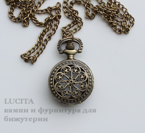 Часы на цепочке с филигранным цветком (цвет - античная бронза) 41х27х13 мм ()