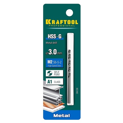 KRAFTOOL HSS-G, 3.0 х 61 мм, сталь P6M5, сверло по металлу (29651-3)