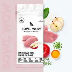 BOWL WOW сухой корм для собак средних пород индейка, рис, яблоко 2 кг