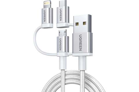 Кабель UGREEN US186 (50203) 3-в-1 USB-A 2.0 Multifuntion Cable в оплетке, 1,5 м, серебристый