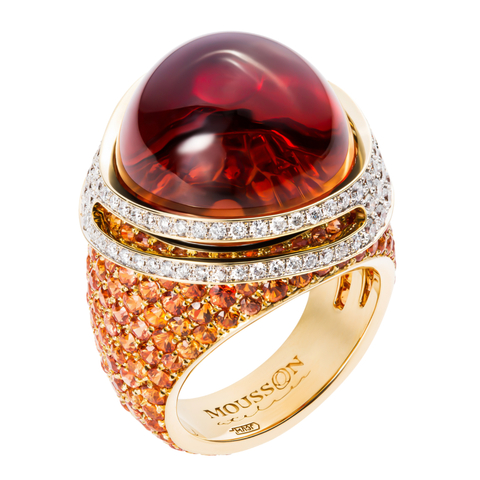 Кольцо с Гранатом, оранжевыми Сапфирами и Бриллиантами, R0053-0/8