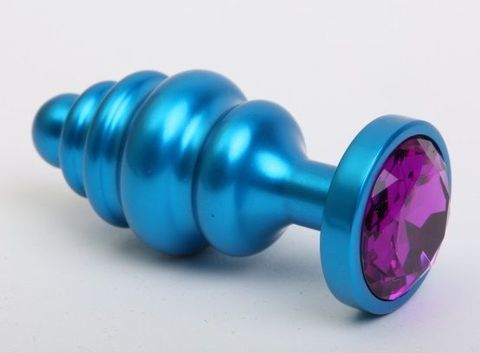 Синяя ребристая анальная пробка с фиолетовым кристаллом - 7,3 см. - 4sexdreaM 47428-5