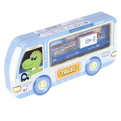 
          Пенал металлический машина, 2 отделения, Alingar, линейка 15 см, 1 ч/г карандаш, 1 точилка, 1 ластик, 1 меркер, 95 х 210 мм, "Дино за рулем", голубой, европодвес