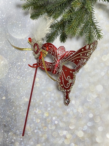 Маска бабочки 38см ChristmasDeLuxe premium collection красная/платиновая