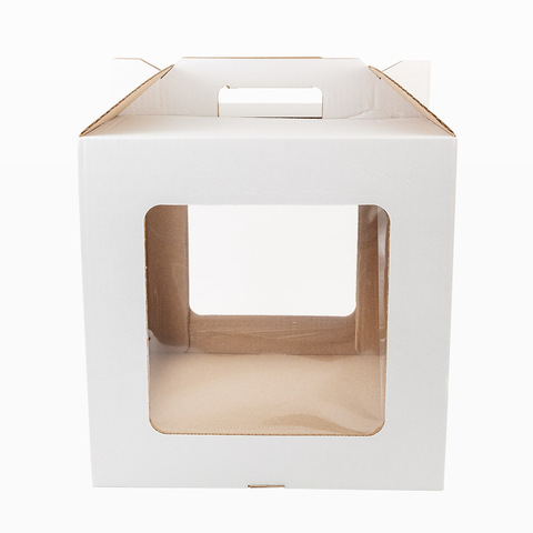 Коробка для торта белая 30*30*30 см, с тремя окнами, с ручками