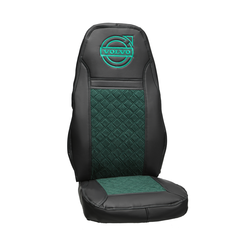 Чехлы VOLVO FH-12 после 2003 года: два высоких сиденья, ремни из сиденья (есть вырезы под ремень) (экокожа, черный, зеленая вставка)