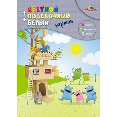 
          Набор цветного и белого картона Апплика А4, 12 листов, 10 цветов, мелованный, на гребне, "Картонный домик"