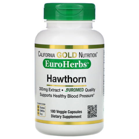 California Gold Nutrition, EuroHerbs, экстракт боярышника, европейское качество, 300 мг, 180 растительных капсул