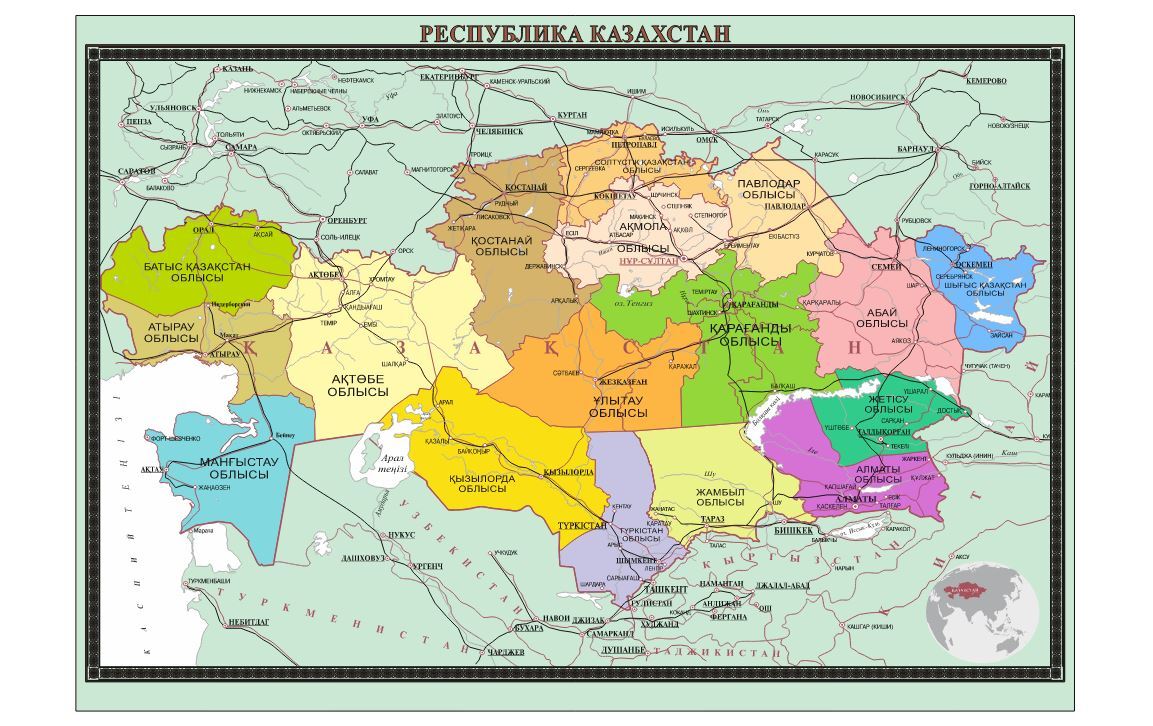 Карта казахстана с городами и с областями и городами на русском языке