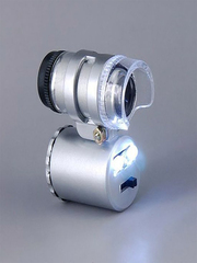 Мини-микроскоп-лупа с LED подсветкой и ультрафиолетом для проверки банкнот, зум линзы- Х60,цвет-серебристый