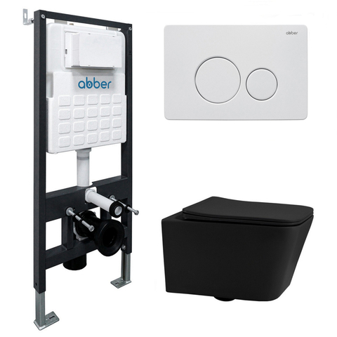 Abber Rechteck AC1201MB-AC0105-AC0121MW Комплект подвесной унитаз черный матовый с инсталляцией AC0105 и кнопкой AC0121MW белая матовая