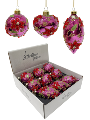 Набор елочных игрушек 8см 9шт ChristmasDeLuxe фиолетовый с цветочным орнаментом
