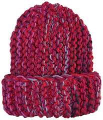 Стильная объемная шапочка с отворотом, красный меланж, связана вручную.