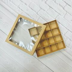 Коробка 16 конфет 18х18х3 см с окном Крафт