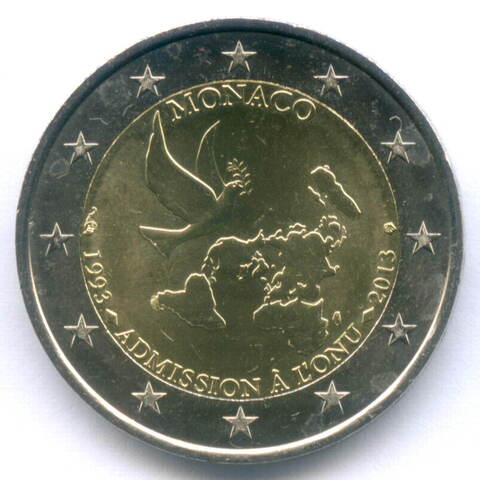 2 евро 2013 год. Монако. 20 лет вступления в ООН. Биметалл XF-AU