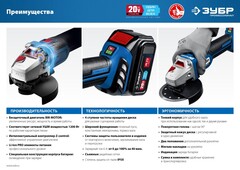ЗУБР Т7, 20 В, 125 мм, 2 АКБ (4 А·ч), бесщеточная УШМ, сумка, Профессионал (AB-125-42)