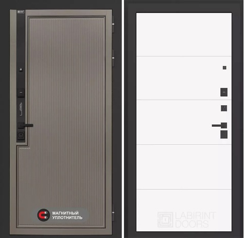Входная дверь в квартиру Лабиринт с повышенной шумоизоляцией Лаб про 1 Велютто кофе 22 Белый софт, черный молдинг без текстуры