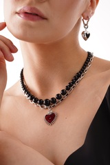 Латунная цепочка с большим Красным сердцем и Розой, silver