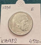 K16932 1936 Германия 5 марок рейхсмарок Гинденбург E Ag-900, 13.88 gr K16932 1936 Германия 5 марок рейхсмарок Гинденбург E Ag-900, 13.88 gr