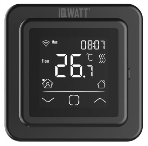 Умный терморегулятор/термостат сенсорный с дисплеем для тёплого пола wi-fi. Цвет Чёрный. IQWATT серия SMART HEAT. SMARTHEATWiFiBLACK