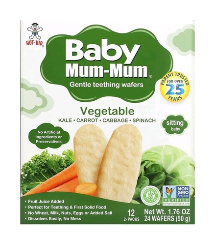 Hot kid, Baby Mum-Mum, вафли для мягкого прорезывания зубов, с овощами, 12 пакетиков, по 2 шт.