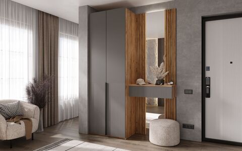 Марвэл Шкаф 2х. ств (доп ящики) и тумба с зеркалом (Браш Графит, Дуб Крафт)