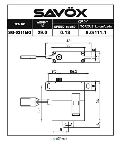 Сервопривод Savox SG-0211MG (6.0-8.0 кг/см, 0.16-0.13 сек/60°, 29 г)