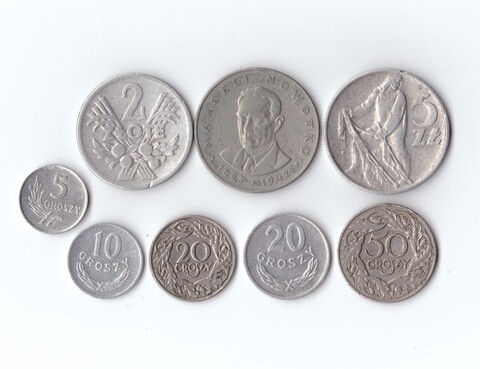 Набор монет. Польша 8 шт. 20,50 грош 1923 г. 2 зл, 5 злот 1959 г и др. XF