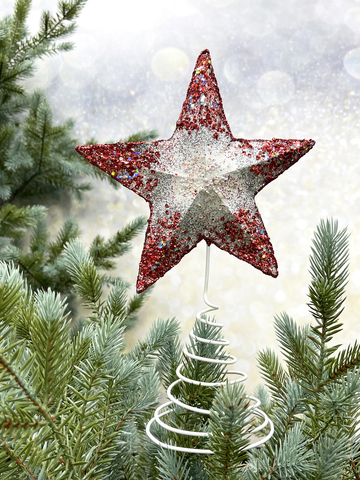 Верхушка на елку Звезда 18х30см ChristmasDeLuxe бело-красная с серебром с глиттером