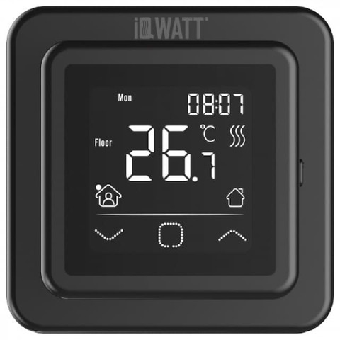 Терморегулятор/термостат сенсорный с дисплеем для тёплого пола. Цвет Чёрный. IQWATT серия SMART HEAT. SMARTHEATBLACK