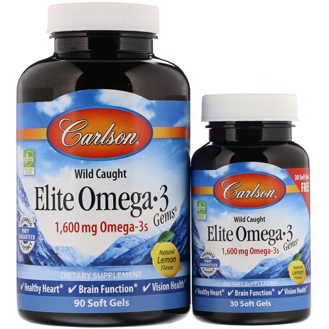 Carlson Labs, Поймано в диких условиях, Elite Omega-3 Gems, со вкусом лимона, 1600 мг, Natural Lemon Flavor, 1,600 mg, 90 + 30 (бесплатных) мягких таблеток