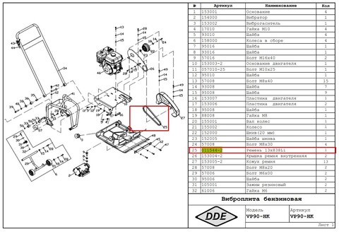 Ремень клиновой DDE 13x838Li (875 Lw) виброплиты VP90-H (011544-2)