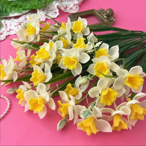 Нарциссы силиконовые, искусственные реалистичные, 5 веток, 15 голов, ветка 35 см, набор 2 букета.