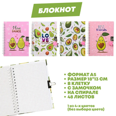 
          Блокнот детский с замочком, формат А5 в клетку, 48 листов для записей и заметок, Basir, с рисунком Авокадо, для школы и дома, размер 18х13 см