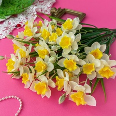 Нарциссы силиконовые, искусственные реалистичные, 5 веток, 15 голов, ветка 35 см, набор 2 букета.