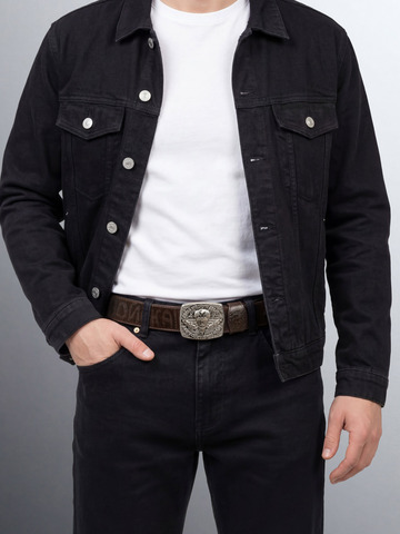 Кожаный ремень «Слава Русскому Десанту» тёмно-коричневого цвета на бляхе-автомат