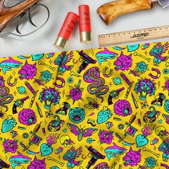 Ткань бязь розово-голубые предметы на жёлтом фоне