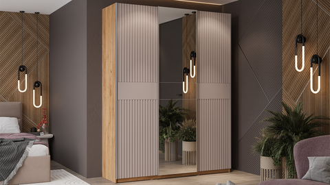 Шкаф-купе Оскар Хилтон 3-х дверный с зеркалом 177 дуб крафт золотой / кашемир сатин / ручка серебро