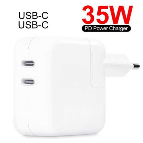 Адаптер питания на 2 Type-C (USB-C) с быстрой зарядкой PD 35W для MacBook, iPad, iPhone и др. (Белый)