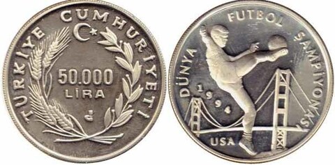 50000 лир Чемпионат мира по футболу США 1994 г. Мост Турция 1994 г. Proof