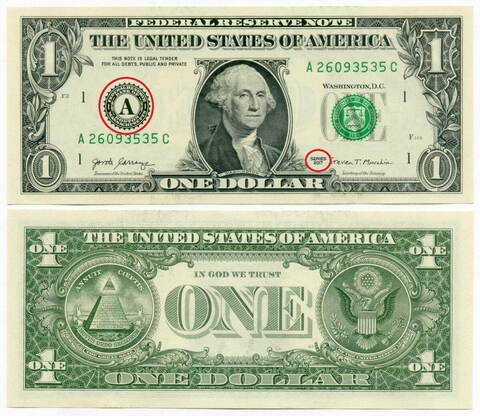 Банкнота США 1 доллар 2017 A (Бостон). UNС