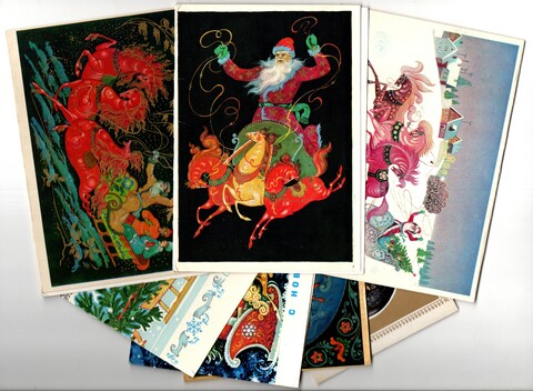 Подборка двойных поздравительных Новогодних открыток — 7 штук— разные художники Бокарев, Фокеев и др —чистые, без повторов, винтаж времен СССР