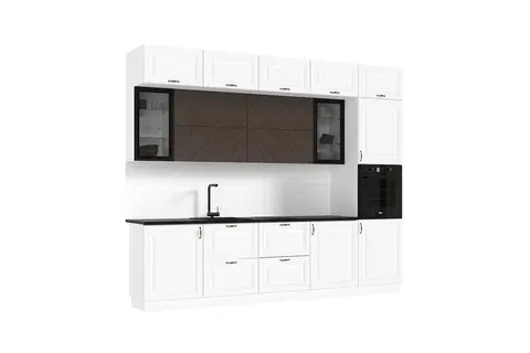 Кухня Престиж 3,0м (490) Компоновка №2 (Браш Вайт/Прайм орех, Белый (Кастилло темный))