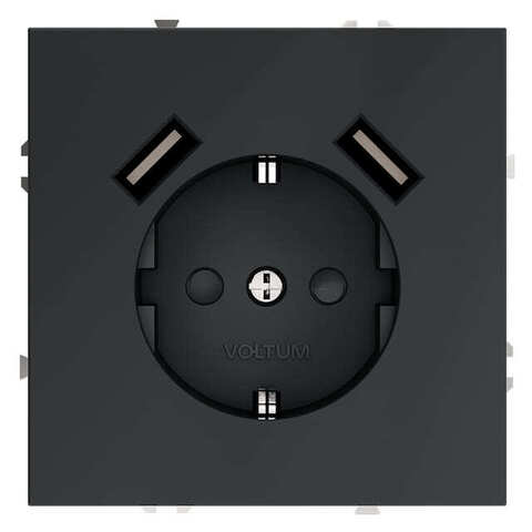 Розетка электрическая с USB зарядкой 2К+З/2xUSB с заземлением и шторками USB тип A / USB тип A - 16А. Цвет Графит. MAYTONI. VOLTUM S70. VLS040407