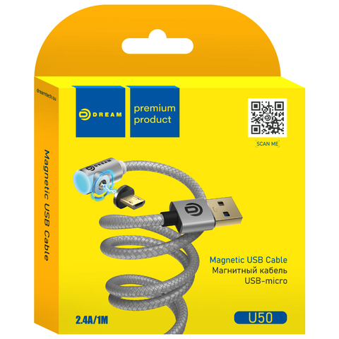 Кабель MicroUSB U50 2.4A 1M (магнитный) серебро DREAM