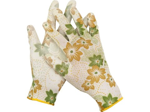 Перчатки GRINDA садовые, прозрачное PU покрытие, 13 класс вязки, бело-зеленые, размер S