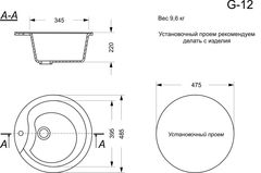 Кухонная мойка круглая искусственный камень GranAlliance G-12, цвет черный